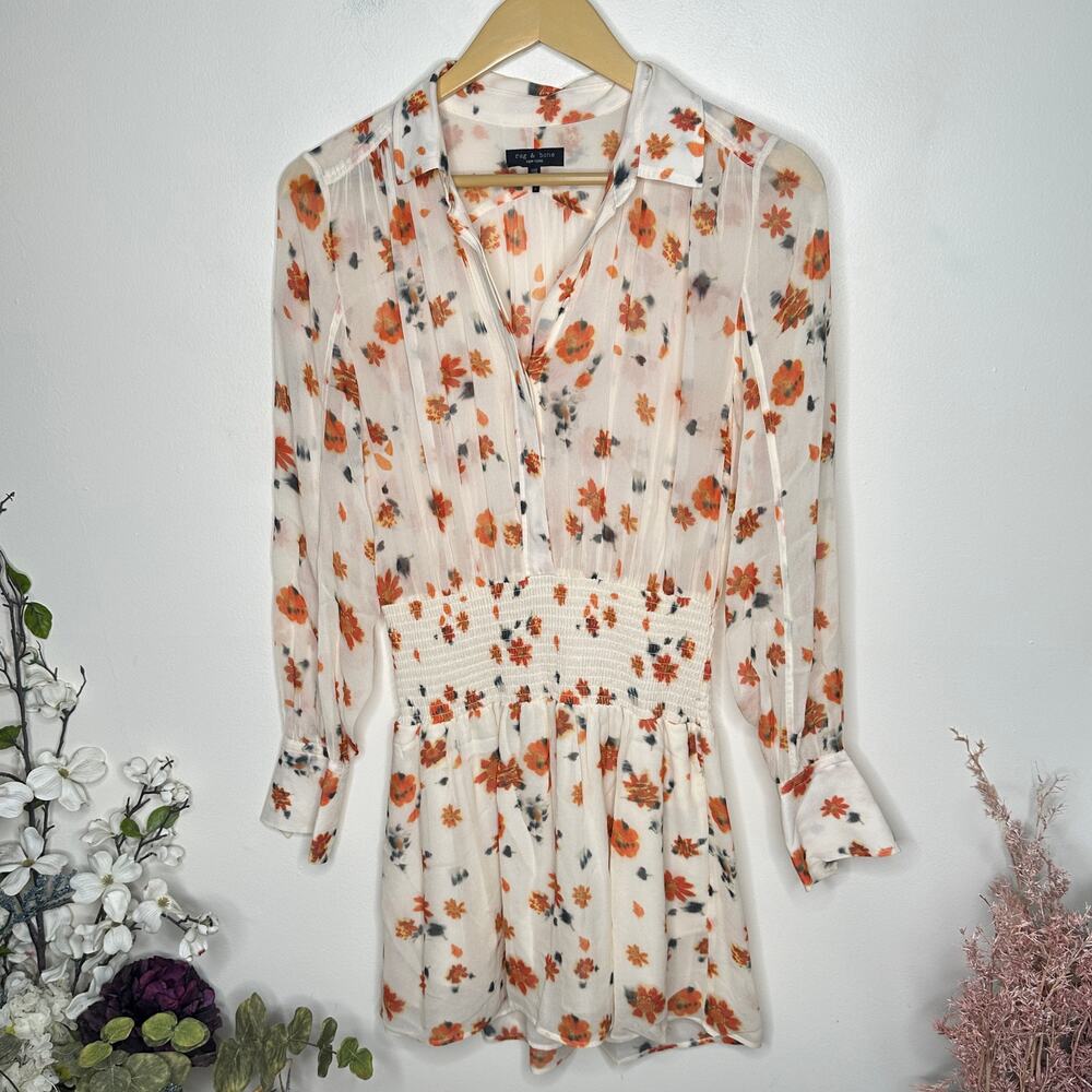 RAG & BONE Bailey Floral Smocked Dress Autumn Crisp Sz XXS $485 {LL1} - Picture 5 of 8